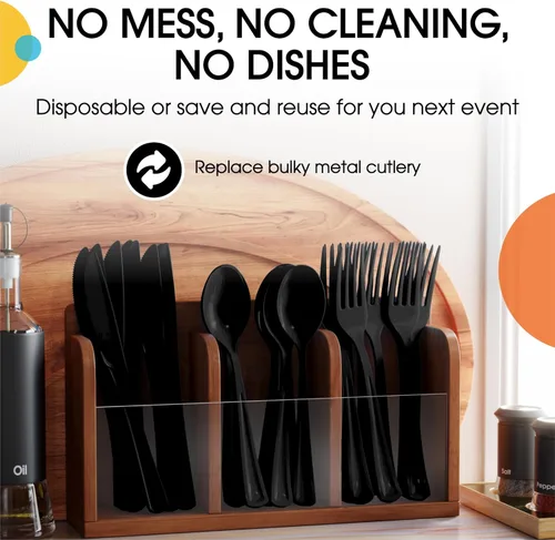 Miniatura 5 de Party Solids Cubiertos de plástico negro resistente, 150 piezas, cubiertos desechables negros, juegos de utensilios, 50 de cada tenedor, cuchillos