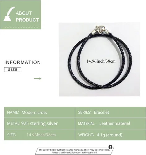 Miniatura 3 de Pulsera tejida de cuero negro auténtico con plata de ley 925 con cierre de cruz de corazón para cuentas Pandora