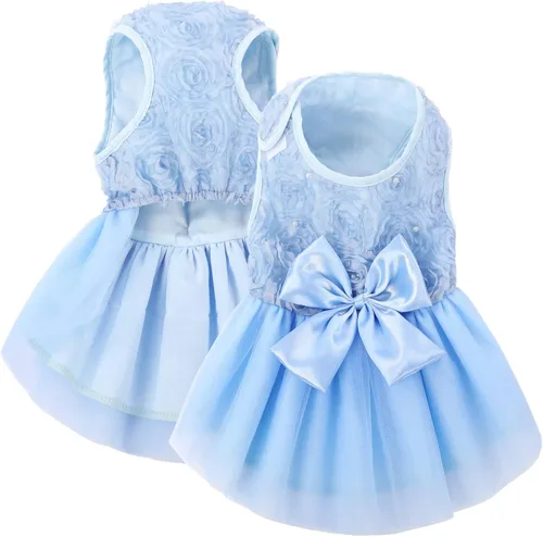 ASENKU Vestido para Perro Vestido de Boda para Mascotas Princesa de Encaje Cachorro Traje de Fiesta de Cumpleaños Ropa Formal para Hembra para Azul