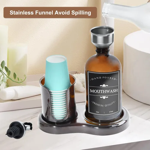 Miniatura 2 de Dispensador de enjuague bucal de vidrio ámbar con portavasos para baño, contenedor de botellas de enjuague bucal recargable de 16 onzas con bandeja