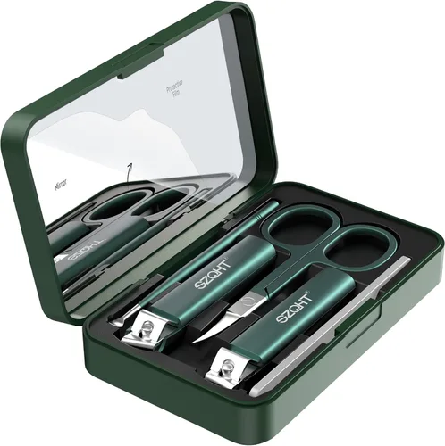 Bonito juego de aseo premium 5 en 1: cortaúñas, lima, púa de orejas, tijeras para el cabello facial y espejo en una elegante caja de almacenamiento,