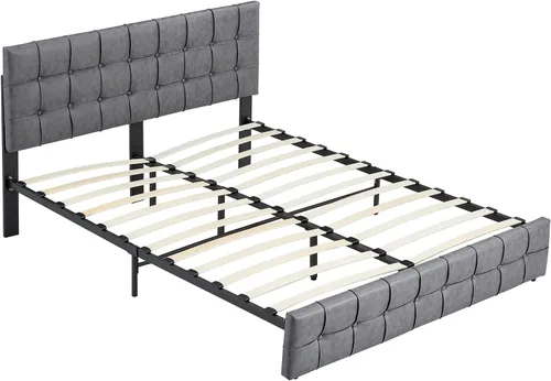 Miniatura 6 de Anwick Moderna cama de plataforma tapizada con cabecera ajustable, marco de cama tamaño King, marco de cama de tela tecnológica con botones