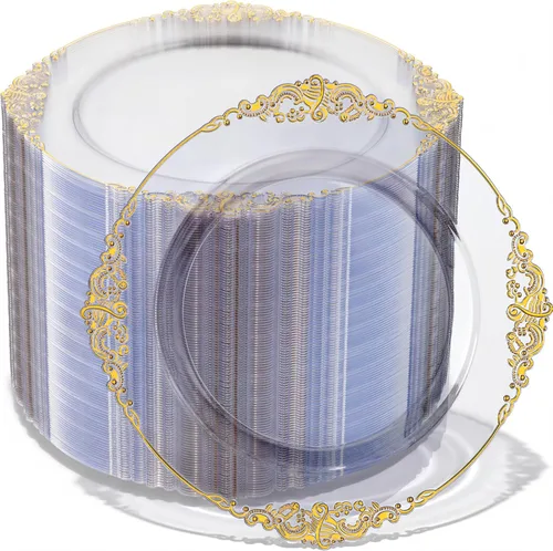 Morejoy 100 platos de plástico dorado, platos desechables de oro transparente, platos llanos de plástico transparente de 10.25 pulgadas con borde