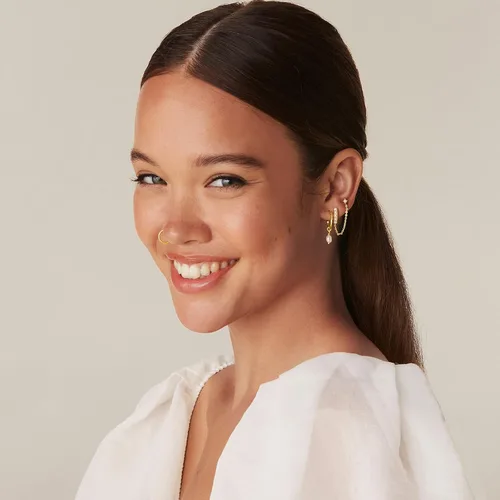 Miniatura 4 de PAVOI Aretes de cadena de oro de 14 quilates para mujer Aretes de aro de doble piercing Aretes de aro de perlas de circonita cúbica para mujer