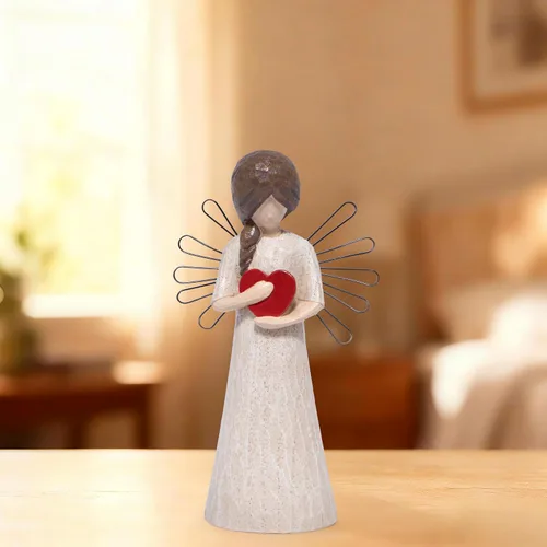 Miniatura 3 de Hodao Figura de ángel con corazón rojo, aspecto tallado en madera de resina de 5.1 pulgadas con alas de alambre de metal, decoración