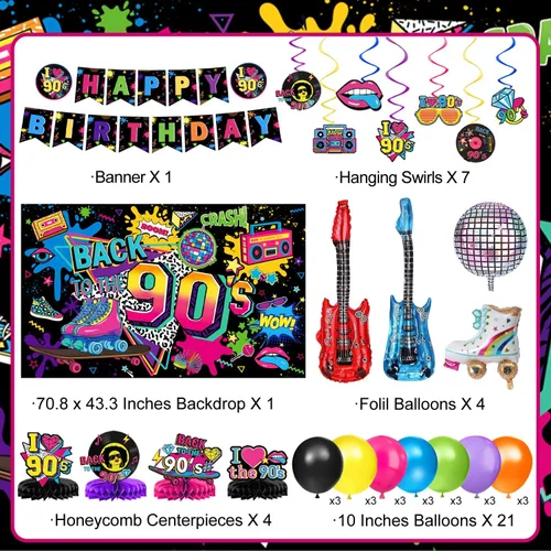 Miniatura 2 de Las decoraciones para fiestas de cumpleaños de los años 90 incluyen telón de fondo, centros de mesa de panal, pancarta, espirales colgantes, globos