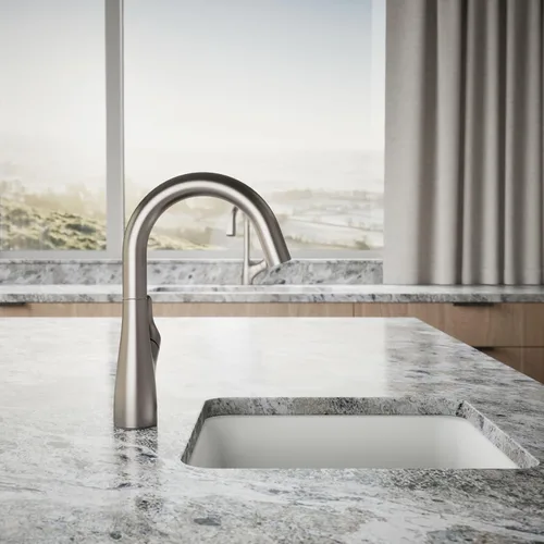 Miniatura 7 de KOHLER 30472-VS Rival - Grifo para fregadero de barra de un solo mango, boquilla oscilante arqueada, 1.5 GPM, memoria de temperatura, acero