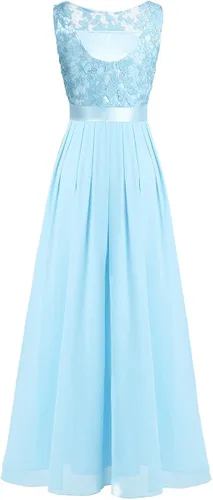 Miniatura 5 de Yartina Vestido largo de noche de gasa con encaje floral de ganchillo para mujer
