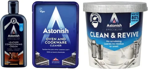 Astonish Paquete Revival - Incluye crema acondicionadora de cuero especializada, pasta de limpieza para horno y utensilios de cocina y polvo