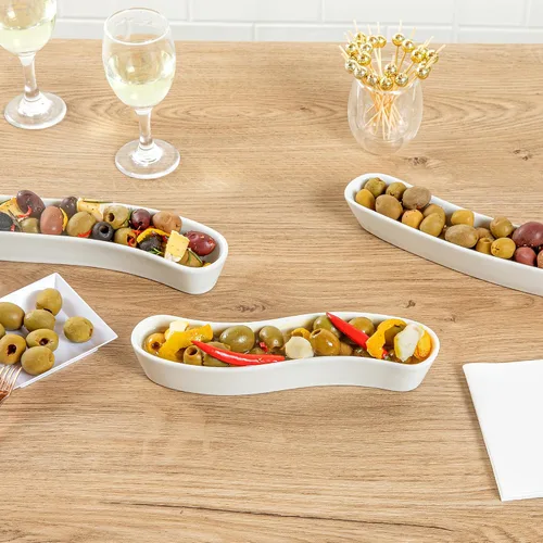 Miniatura 7 de Restaurantware Swerve - Plato de oliva de 6 onzas, 1 bandeja curvada de aceituna, de porcelana blanca, resistente a astillas, canoa de olivo apta