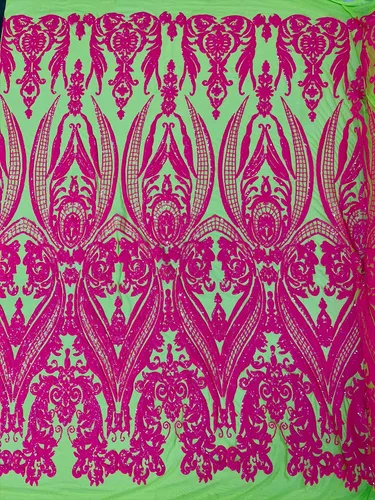 Miniatura 22 de Telón de fondo King INC Empire Damask Design con lentejuelas bordadas en una tela de malla elástica de 4 vías (amarillo brillante)