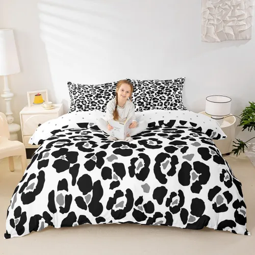 Miniatura 4 de Juego de funda de edredón con estampado de leopardo abstracto, tamaño individual, juegos de ropa de cama de piel de guepardo negro y gris