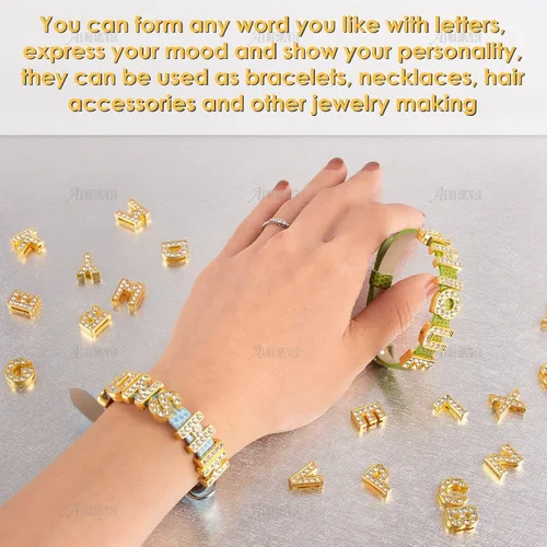 Miniatura 4 de AUEAR, paquete de 26 dijes de letras del alfabeto de 8 mm con diamantes de imitación completos, cristal, color dorado, para pulseras, collares