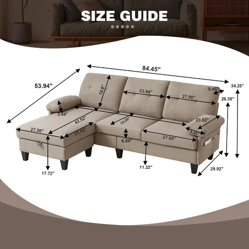 Miniatura 2 de Sofá modular convertible de 84 pulgadas, moderno sofá pequeño en forma de L de tela de lino con diván reversible, sofá de 3 asientos para sala