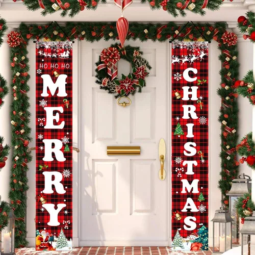 Miniatura 4 de Decoraciones de Navidad, juego de letreros a cuadros de búfalo rojo y negro para festival, cartel de puerta de Feliz Navidad, patio al aire libre