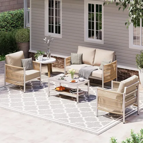 Miniatura 31 de Juego de muebles de aluminio para patio al aire libre con mesa de centro de doble capa, juegos de conversación de patio modernos de 4 piezas