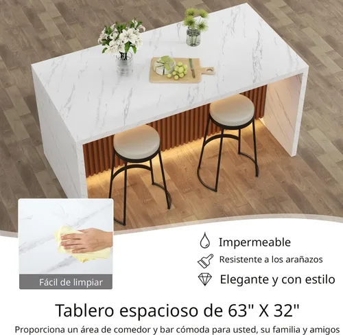 Miniatura 4 de Mesa de comedor grande de mármol de imitación de 63 pulgadas para 4-6 personas, mesa de isla de cocina con luces LED, mesa de comedor de cocina
