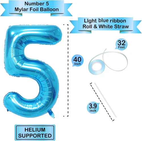 Miniatura 3 de Globo azul de 40 pulgadas con el número 5, globo de aluminio Mylar para cumpleaños, aniversarios, graduaciones, decoración de fiestas