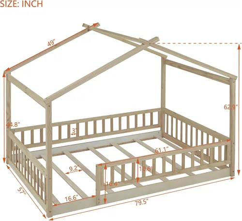 Miniatura 2 de RUNNA Marco de cama de madera de tamaño matrimonial con valla, para niños, adolescentes, niñas, niños, (Natural-Thinck 4col)