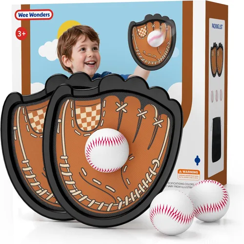 Wee Wonders Juego de pelotas para lanzar y atrapar, guantes de béisbol para niños pequeños que incluye 2 paletas y 3 bolas adhesivas, juego de Marrón