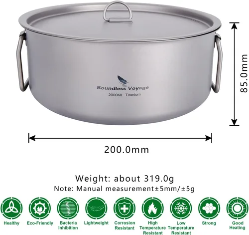 Miniatura 2 de Boundless Voyage Olla de titanio de 2 litros con tapa con mango plegable para sopa para acampar al aire libre, senderismo, picnic, cocina, 2L-Ti2054C