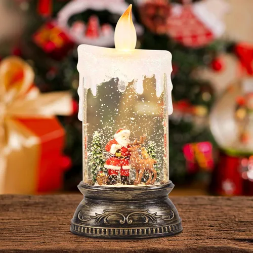 Miniatura 7 de GenSwin Vela de Globo de Nieve de Navidad, Vela Brillante Giratoria con Temporizador, Música y 3 Escenas de Muñeco de Nieve, Linterna