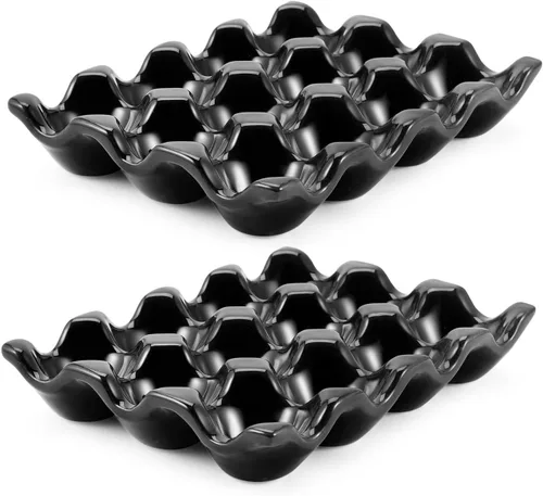 Miniatura 10 de Flexzion Organizador de huevos cerámico para nevera - Bandeja de huevos de 6 tazas, contenedor de porcelana para media docena, organizador de Gris