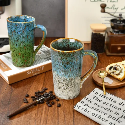 Miniatura 3 de Juego de 2 tazas de café de porcelana de 20 onzas, tazas de café grandes y altas con asas, tazas de café modernas de cerámica para té, cacao, leche