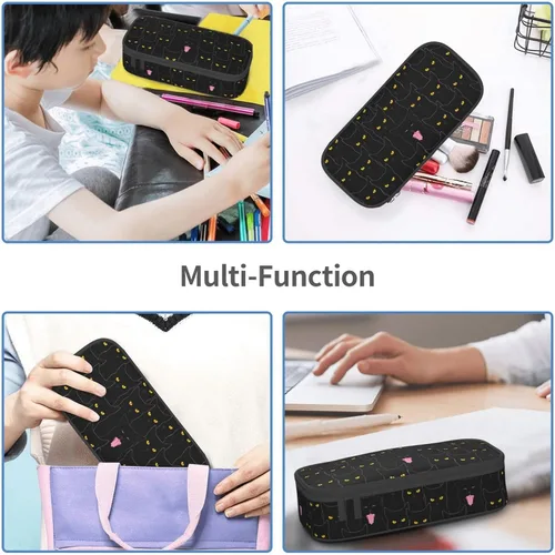 Miniatura 7 de Estuche organizador de lápices con patrón de gato negro, gran capacidad, papelería con cremallera, suministros escolares, bolsa para lápices