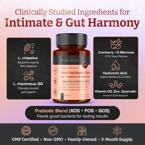 Miniatura 3 de pureclinica Veev Flora íntima - Soporte para microbioma vaginal e intestinal - 50 mil millones de UFC - Probióticos, prebióticos, arándano