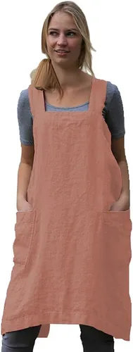 Miniatura 9 de Larmliss Delantal tipo pinafore cuadrado para mujer, para hornear, cocinar, jardinería, con espalda cruzada, mezcla de algodón/lino, con 2 bolsillos