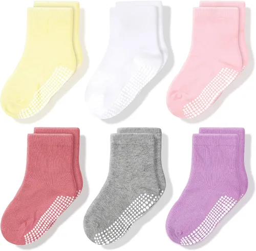 CozyWay Baby Anti Slip Crew Socks 6 Pairs with Grips for Toddlers Little Boys Girls Infants Kids Non Skid