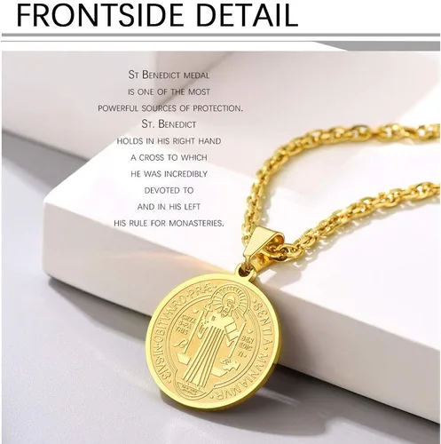 Miniatura 4 de PROSTEEL Collar con medalla de San Benito de acero inoxidable, joyería de protección para hombres y mujeres, chapado en oro real de 18 quilates