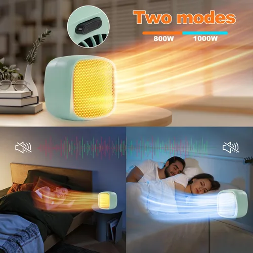 Miniatura 3 de Calentador de espacio, pequeños calentadores eléctricos portátiles para uso en interiores, 2 modos, 1000 W/800 W, PTC, de cerámica, calor de Verde