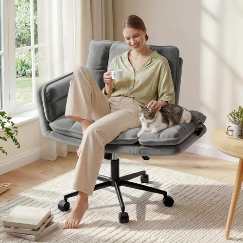 Miniatura 7 de Silla cruzada con ruedas, silla de oficina ergonómica con reposabrazos ajustables, silla de tocador con respaldo para dormitorio, sala de maquillaje