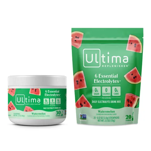 Ultima Replenisher Paquete de mezcla de bebidas en polvo de electrolitos, sin azúcar, sandía, 30 recipientes para servir y 20 paquetes de barras, 6