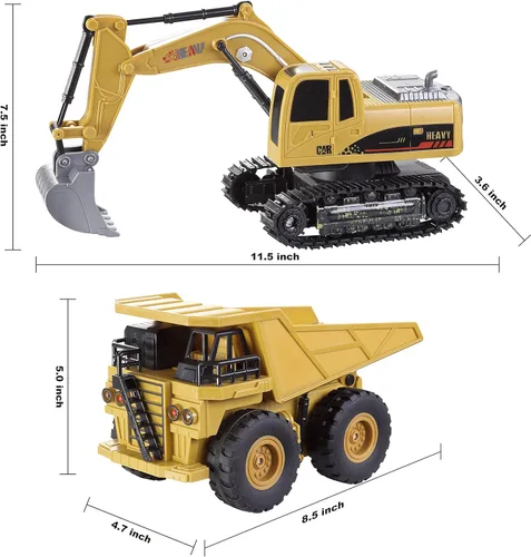 Miniatura 5 de JOYIN Juego de 2 vehículos de construcción a control remoto, excavadora RC accionada por fricción y camión volquete RC con luces y sonidos