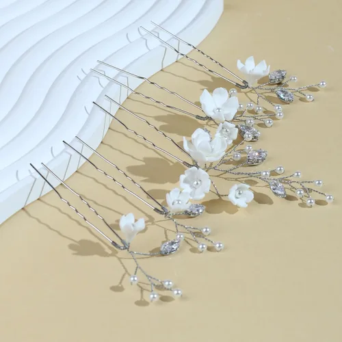Miniatura 4 de 5 horquillas hechas a mano con perlas para el cabello, 5 unidades, flores blancas, circón, accesorios para el cabello para mujeres, novias, damas