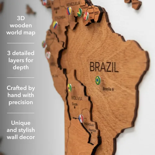 Miniatura 2 de Enjoy The Wood Arte de pared de mapa del mundo de madera 3D, mapa de viaje grande con alfileres para decoración artística, mapa decorativo del mundo