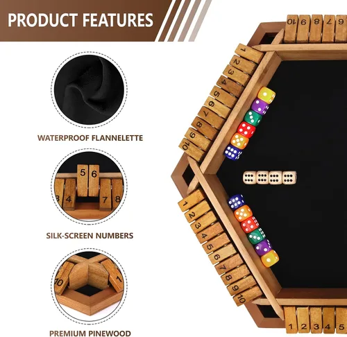 Miniatura 3 de Nicecho Juego de dados Shut The Box para 2 a 6 jugadores, mesa de madera con 16 dados, juegos clásicos de mesa para niños y adultos, familia, aula