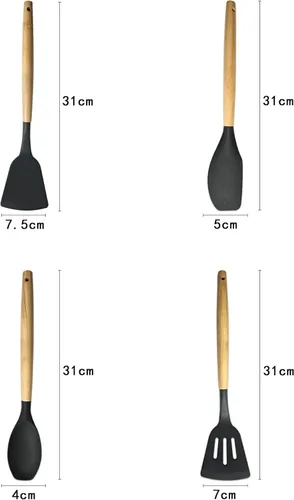 Miniatura 3 de Juego de utensilios de cocina de silicona, sin BPA, no tóxico, antiadherente, resistente al calor hasta 446 °F, asas de madera antiarañazos + Negro