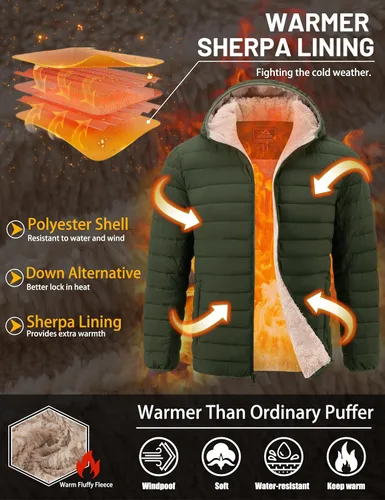 Miniatura 4 de TACVASEN - Chaqueta acolchada con capucha para hombre. Forro de sherpa, resistente al agua, cortaviento, aislada. Chaqueta abrigada para invierno