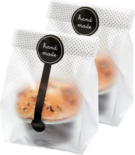 Miniatura 9 de (200 unidades) 100 bolsas de plástico translúcidas/bolsas de panadería con 100 calcomanías hechas a mano para galletas, pasteles, chocolate, dulces