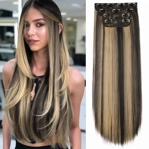 Miniatura 9 de Extensiones de cabello con clip de Vigorous de 20 pulgadas, con reflejos rubio playa, extensiones de cabello ondulado largo y suave de cabello