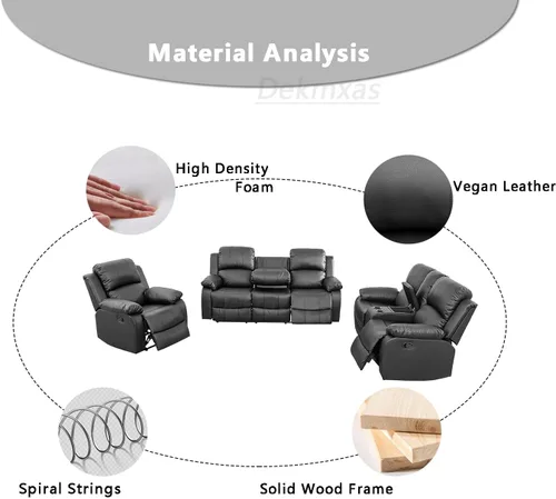 Miniatura 8 de Conjunto de sofá para sala de Estar, sillón reclinable de cuero transpirable, sofá de 3 plazas para cine en casa con portavasos para apartamento