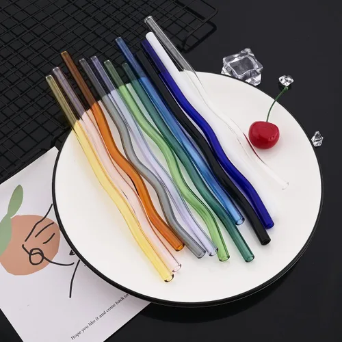 Miniatura 4 de JASHII Pajitas de vidrio onduladas incoloras, 8 pajitas de vidrio reutilizables de 7.87 x 0.31 pulgadas con bolsa negra, multicolor para beber