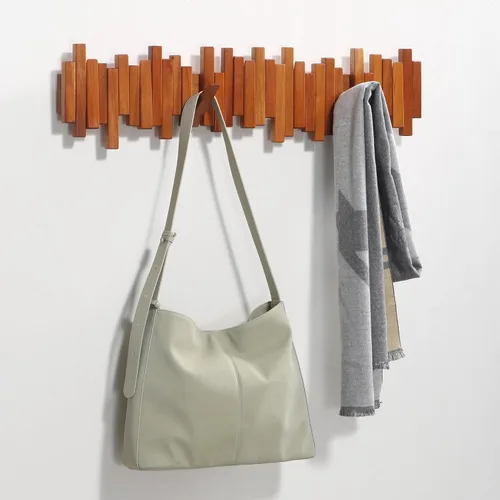 Miniatura 3 de Perchero de madera para colgar en la pared, varios estantes sólidos hechos a mano de madera de cerezo natural con 7 ganchos modernos abatibles