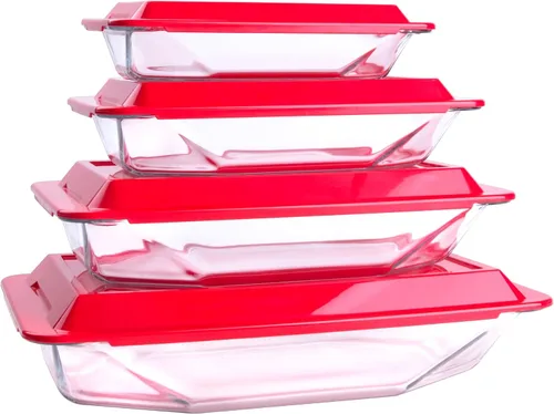 Juego de 8 bandejas de vidrio templado para hornear con tapas sin bisfenol A. Apto para horno, microondas, refrigerador y lavavajillas, 0.8L, 1.5L,