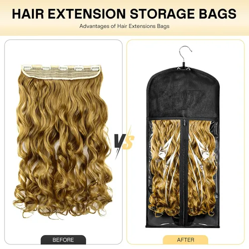 Miniatura 8 de VARIPOWDER 10 bolsas de almacenamiento para pelucas con colgador de extensiones de cabello para múltiples pelucas, bolsa de pelucas a prueba de Negro