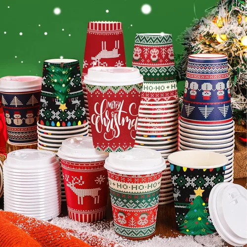 Miniatura 8 de Gerrii Juego de 100 vasos de papel de Navidad desechables de 12 onzas con tapas, tazas de chocolate caliente, tazas de café, tazas calientes